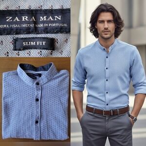 Zara Man Collarless Light Blue Slim Fit 100%‎ Cotton Shirt Size L
